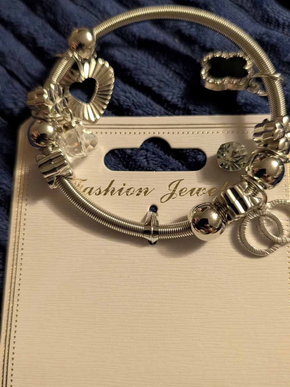 Silver Charm Bracelet with Black Clover Pendant